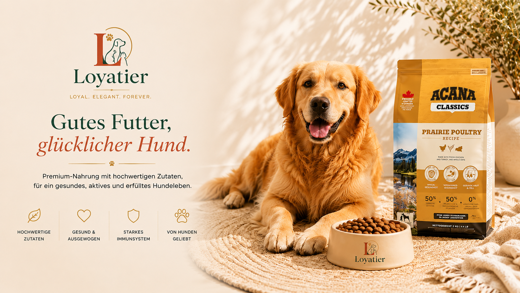 Glücklicher Hund mit Loyatier Produkten