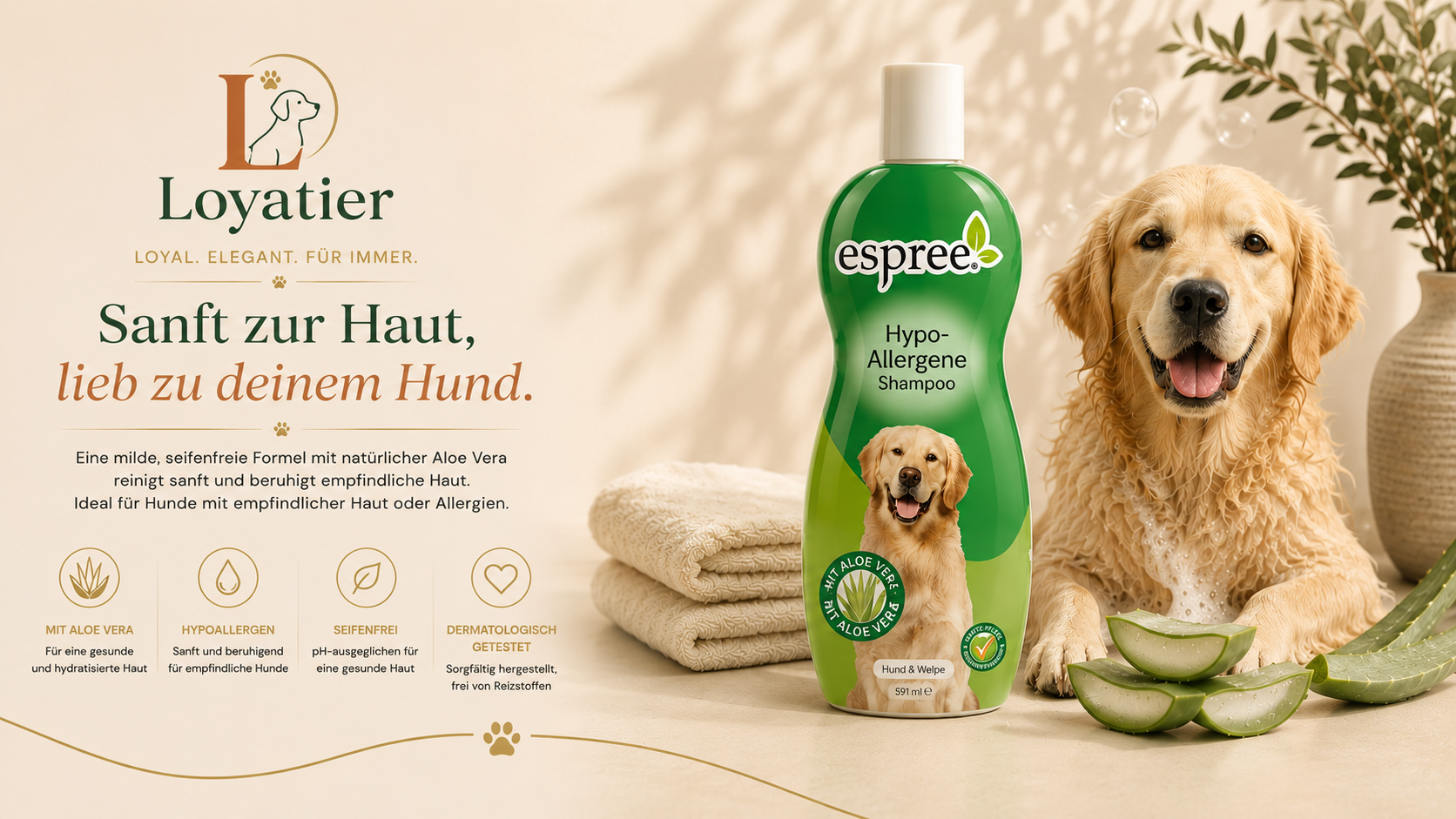 Glücklicher Hund mit Loyatier Produkten